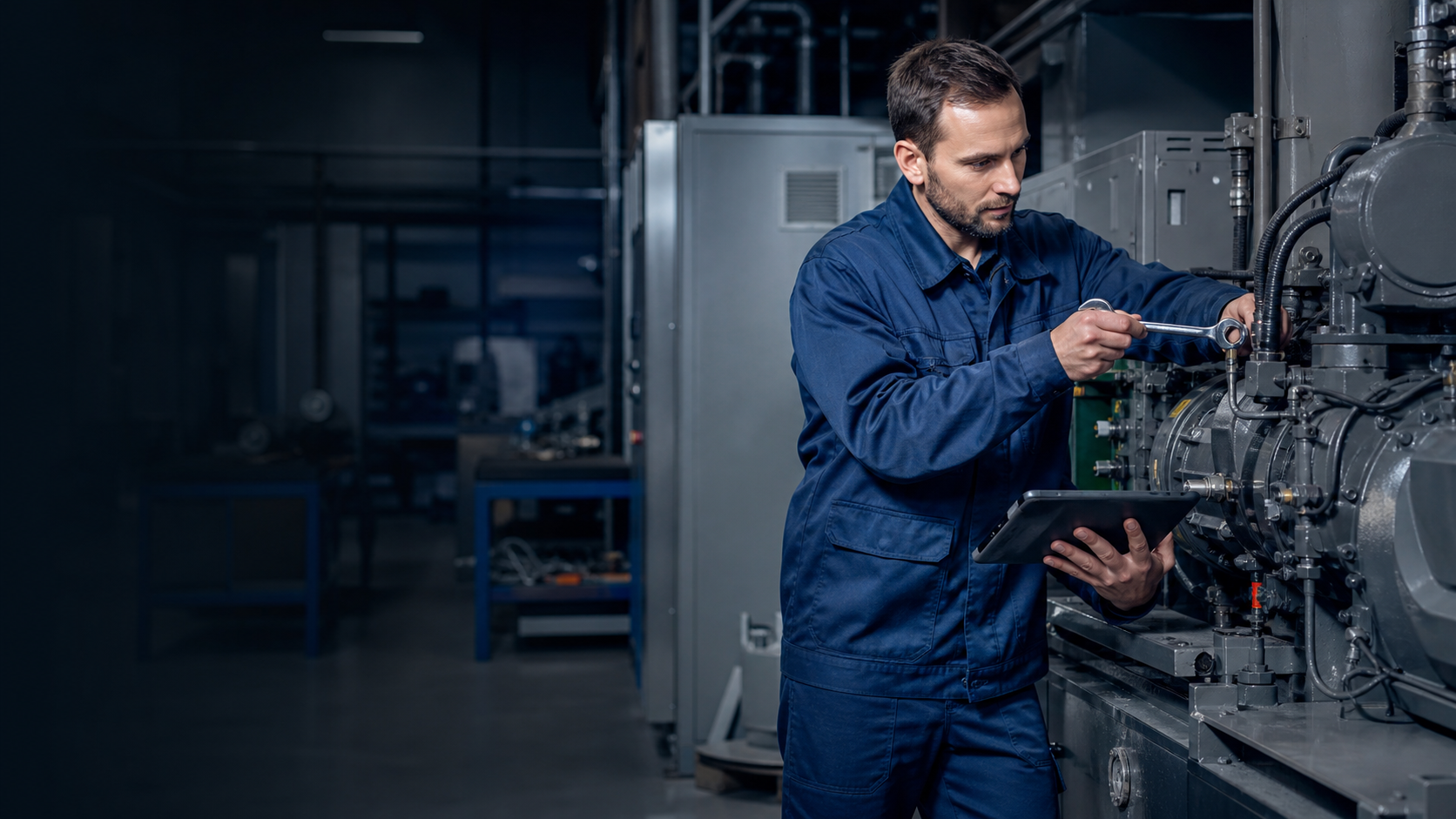 Technicien réalisant la maintenance d'une machine industrielle